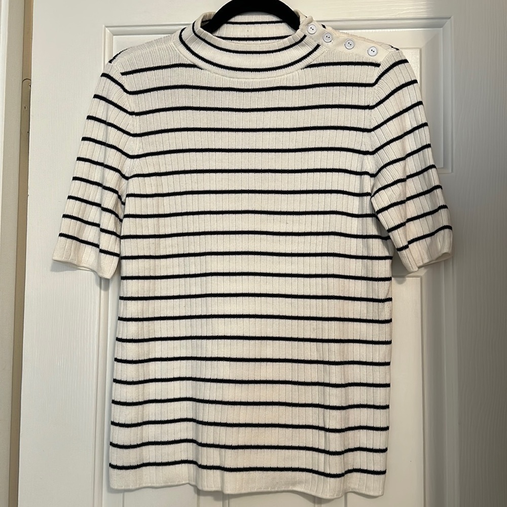 Talbots black and white striped BUTTON SHOULDER MOCKNECK TOP short sleeve S